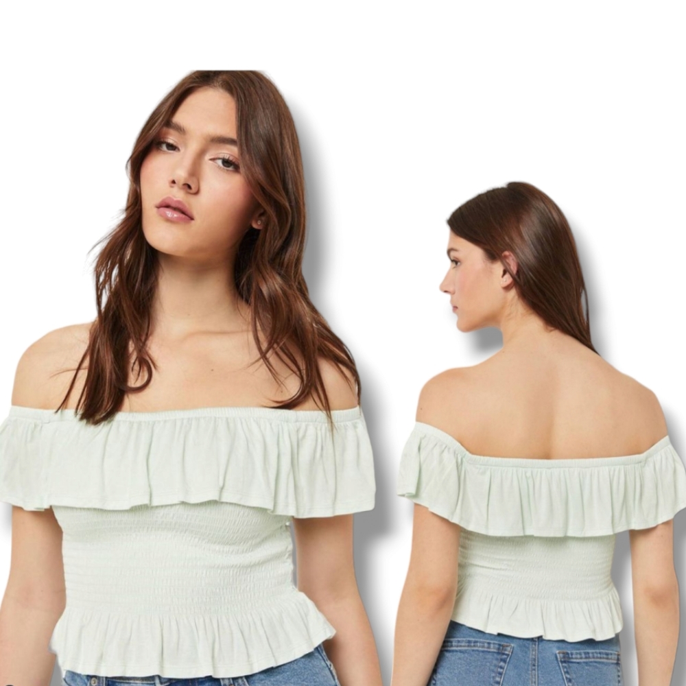 ARDENE Women's White Flounced Off Shoulder Peplum Crop Top
